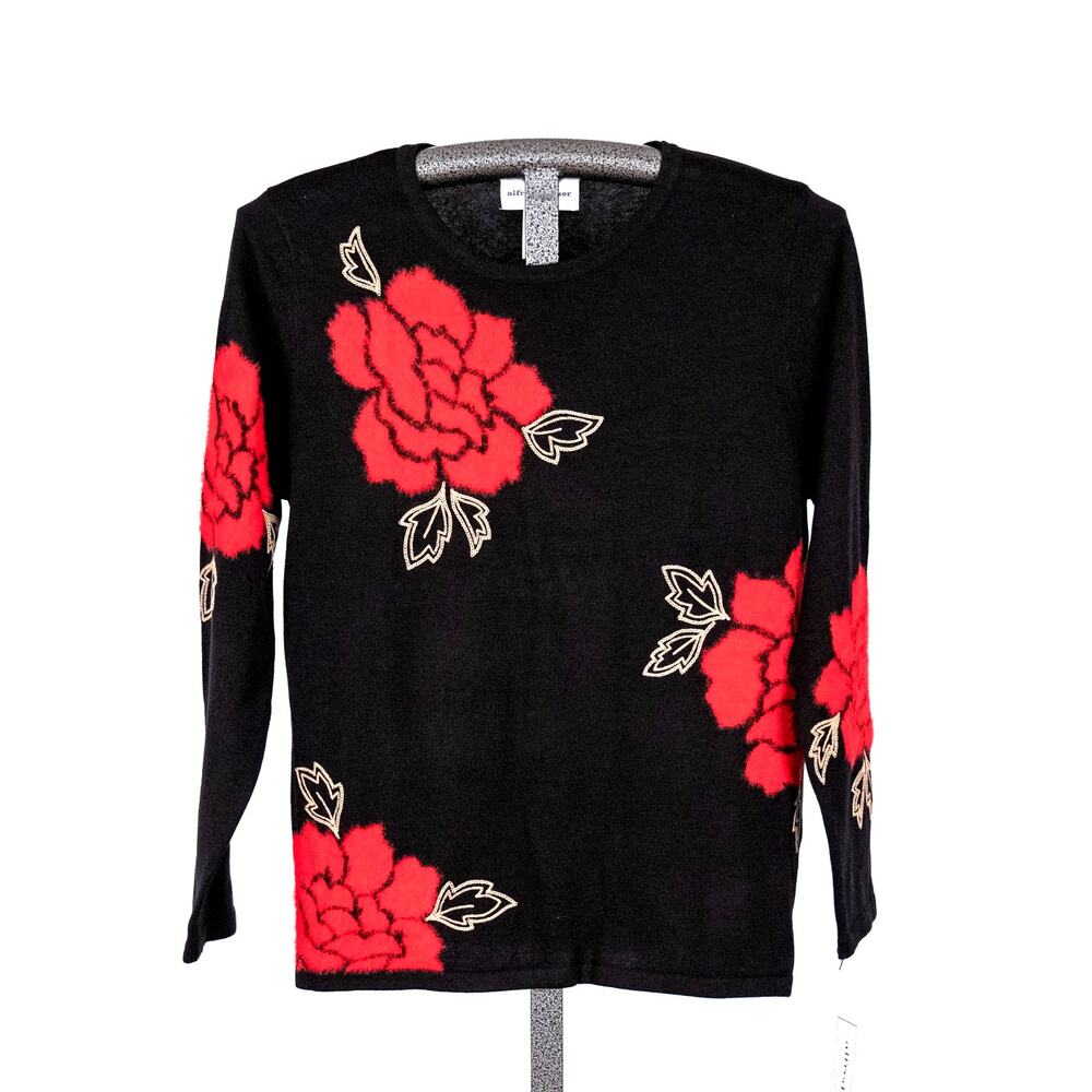 Alfred Dunner Floral Sweater Women's SMALL Cozy Cottage Rose Flower Red Black